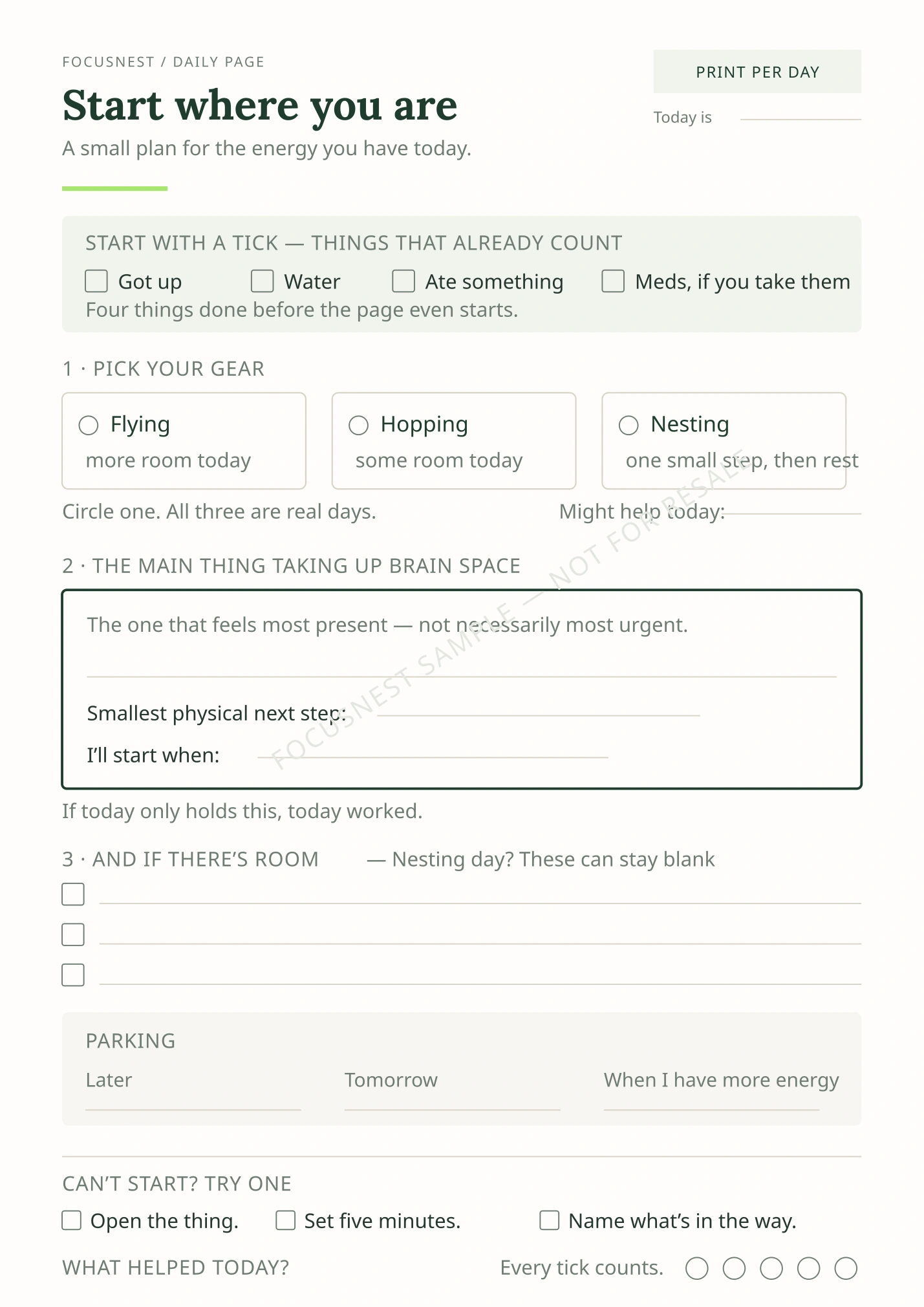 Watermarked FocusNest daily page with capacity choices, a main brain-space box, three optional task rows, parking space, and gentle start prompts.