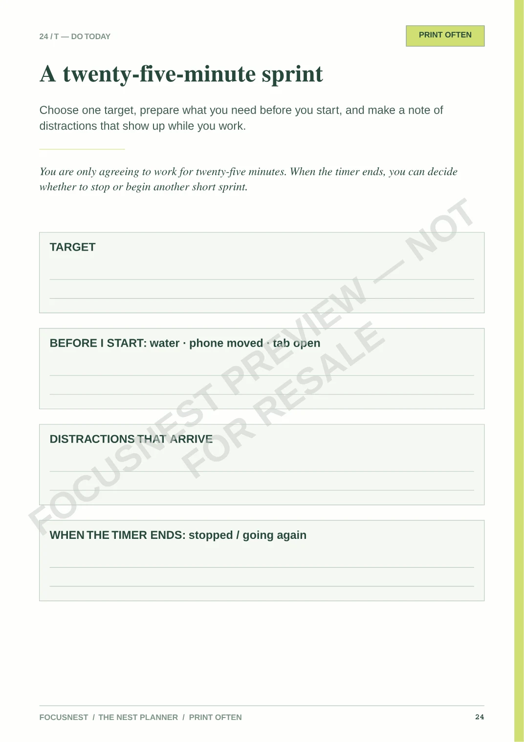 Watermarked NEST Planner twenty-five-minute sprint page.