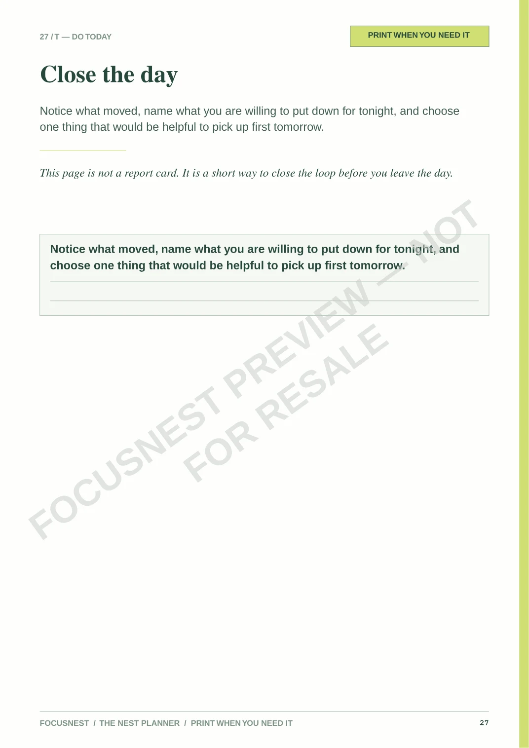 Watermarked NEST Planner close-the-day reflection page.