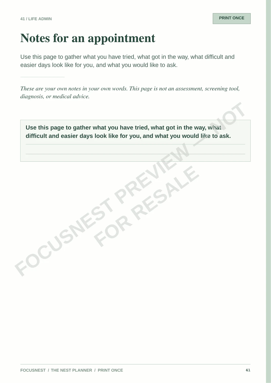 Watermarked NEST Planner appointment-notes page with a clear non-assessment disclaimer.